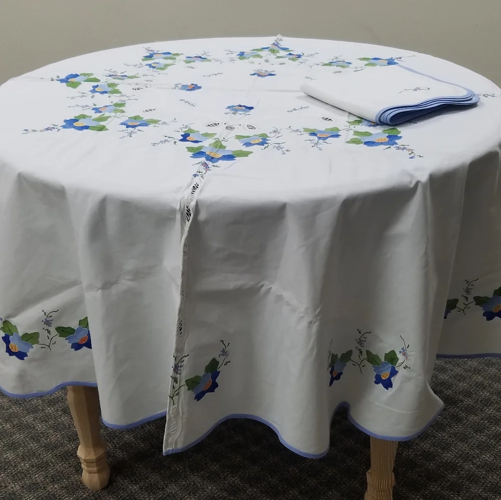 Vintage Floral Applique Round Tablecloth & 8 Napkins Set Blue Trim
